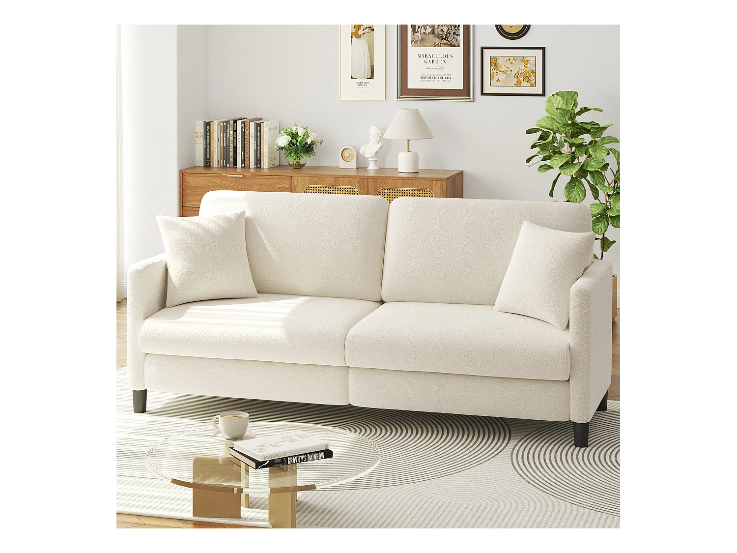 Canapé 3 Places en Velours Teddy,Canapé Droit Confort en Bois Massif,Loveseat avec Accoudoirs,193x79x89cm,Beige