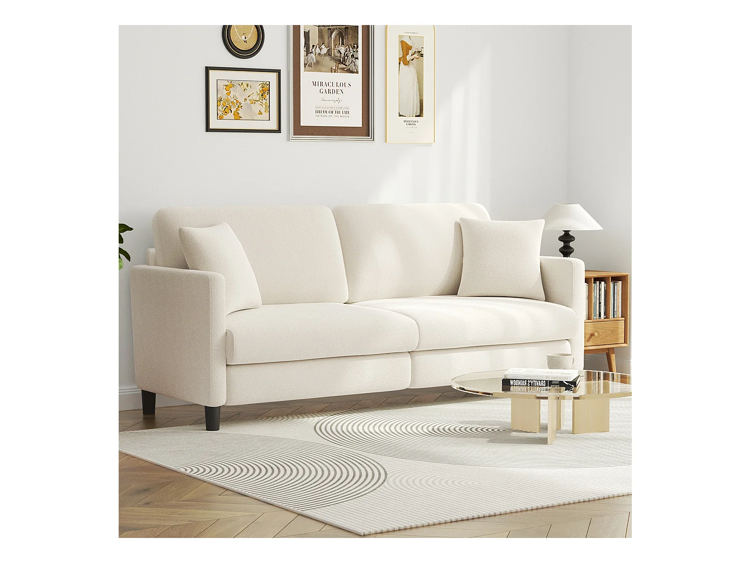 Canapé 3 Places en Velours Teddy,Canapé Droit Confort en Bois Massif,Loveseat avec Accoudoirs,193x79x89cm,Beige