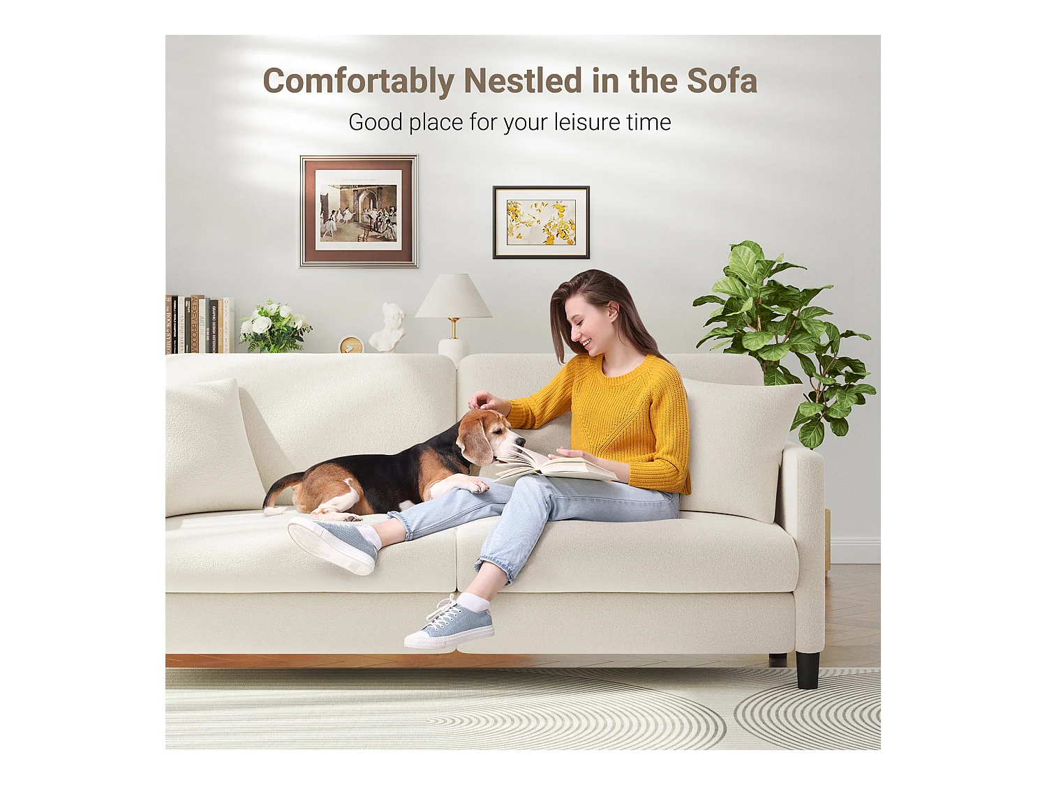 3-zitsbank van teddyfluweel, comfortabele rechte bank van massief hout, loveseat met armleuningen, 193x79x89cm, beige