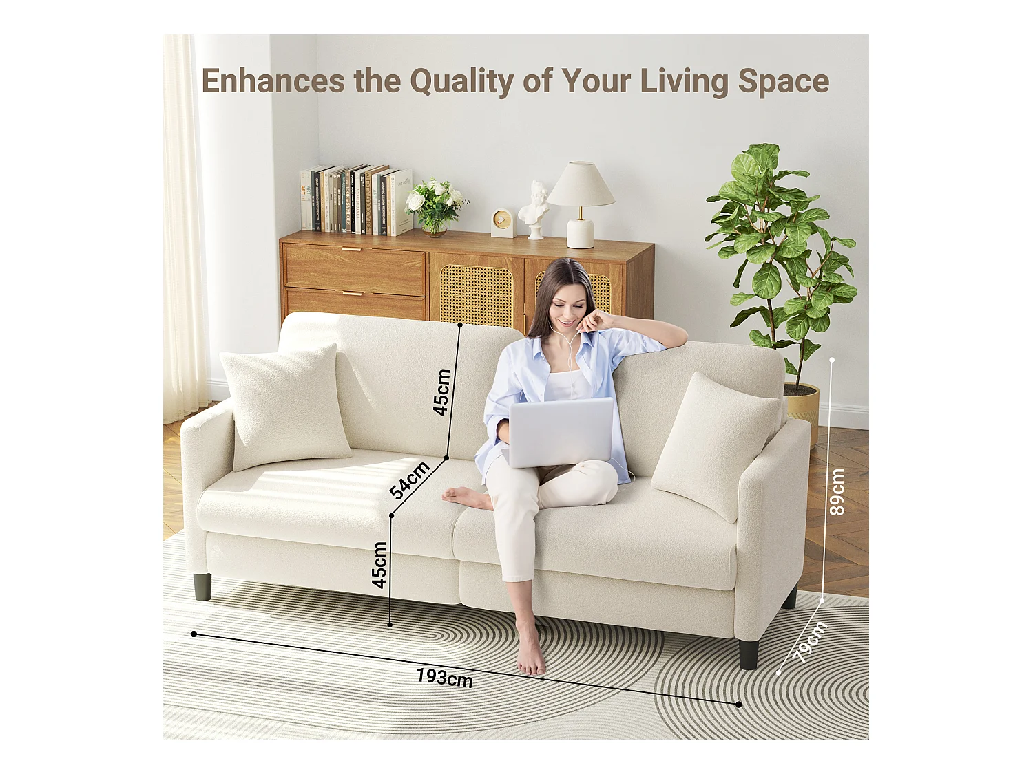 3-zitsbank van teddyfluweel, comfortabele rechte bank van massief hout, loveseat met armleuningen, 193x79x89cm, beige