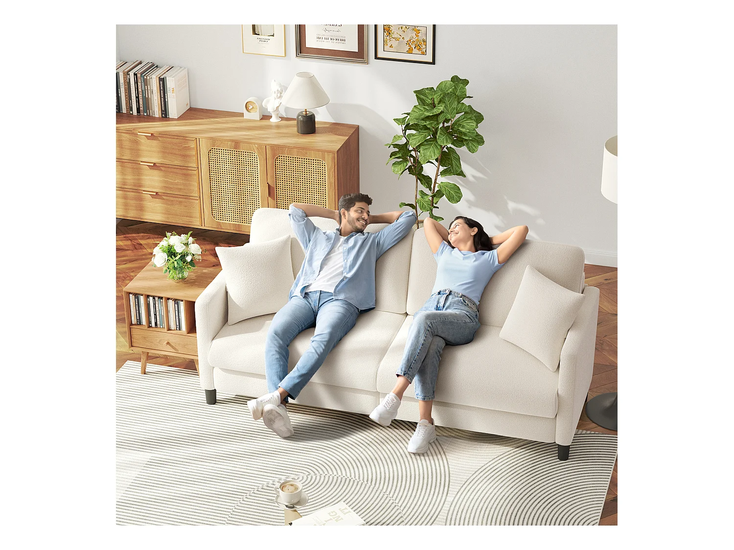 3-zitsbank van teddyfluweel, comfortabele rechte bank van massief hout, loveseat met armleuningen, 193x79x89cm, beige