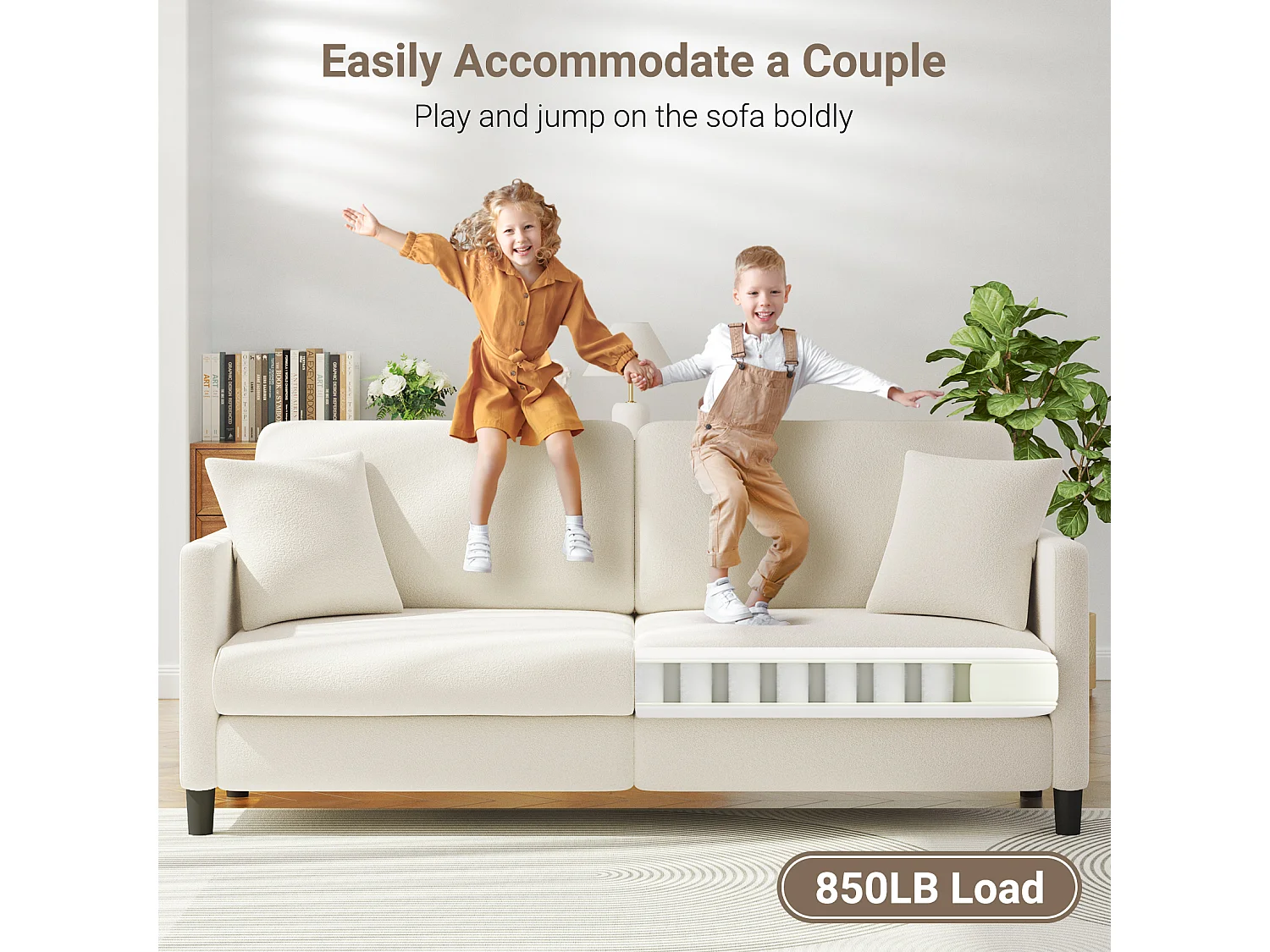 Canapé 3 Places en Velours Teddy,Canapé Droit Confort en Bois Massif,Loveseat avec Accoudoirs,193x79x89cm,Beige