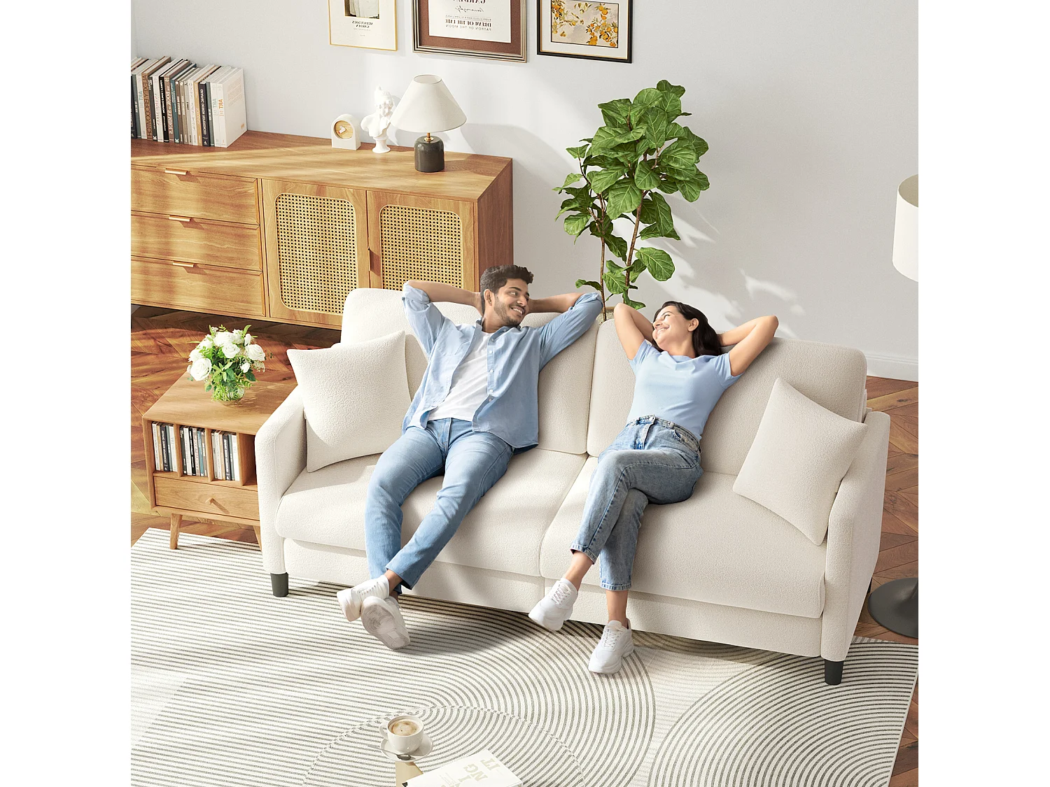 Canapé 3 Places en Velours Teddy,Canapé Droit Confort en Bois Massif,Loveseat avec Accoudoirs,193x79x89cm,Beige