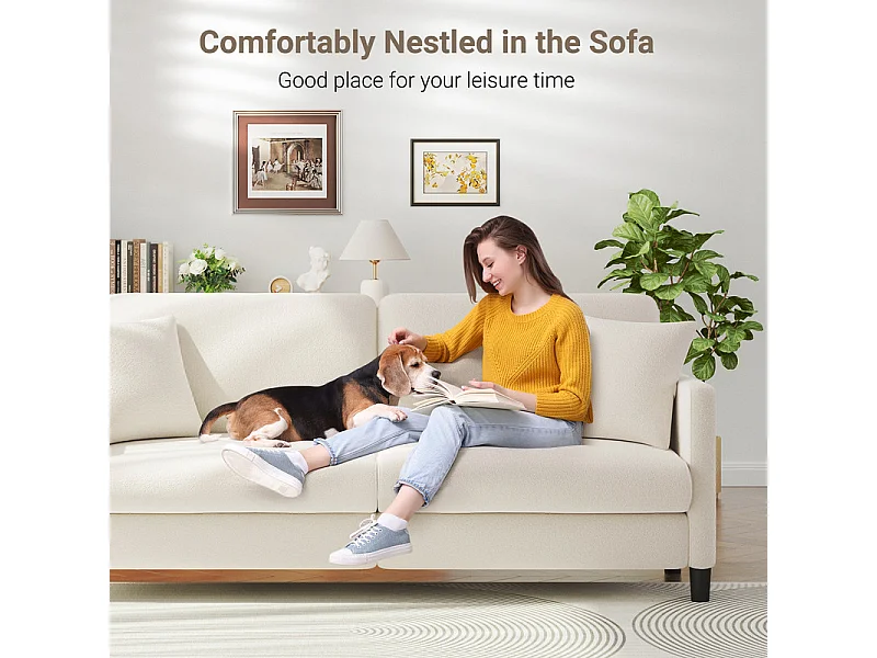 3-zitsbank van teddyfluweel, comfortabele rechte bank van massief hout, loveseat met armleuningen, 193x79x89cm, beige
