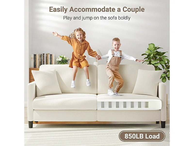 3-zitsbank van teddyfluweel, comfortabele rechte bank van massief hout, loveseat met armleuningen, 193x79x89cm, beige