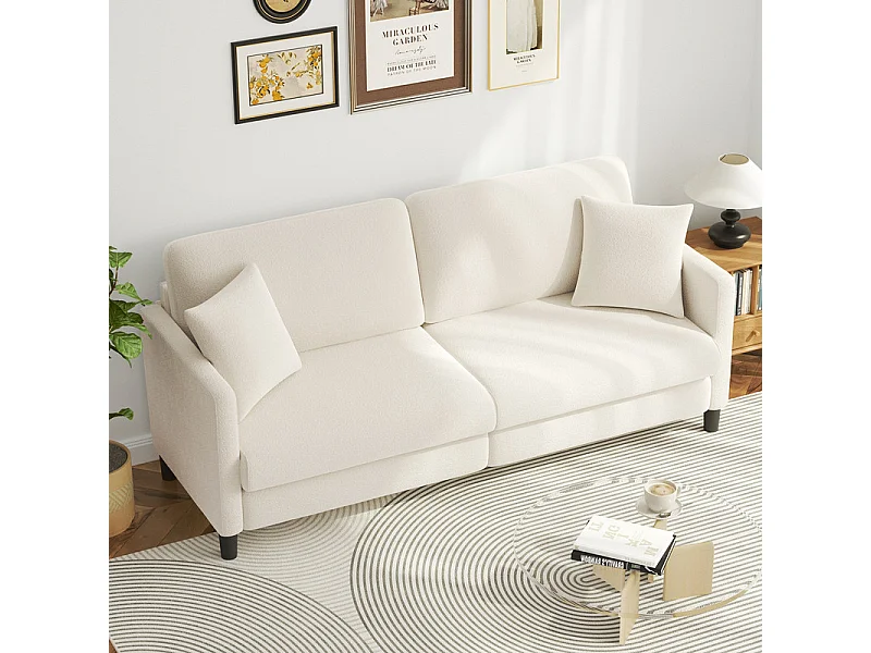 3-zitsbank van teddyfluweel, comfortabele rechte bank van massief hout, loveseat met armleuningen, 193x79x89cm, beige