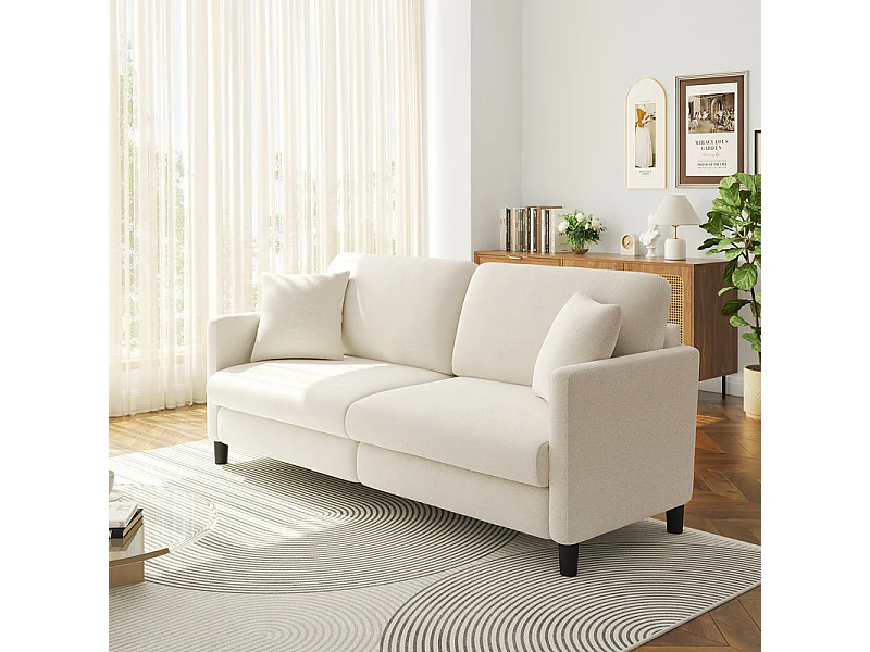 3-zitsbank van teddyfluweel, comfortabele rechte bank van massief hout, loveseat met armleuningen, 193x79x89cm, beige