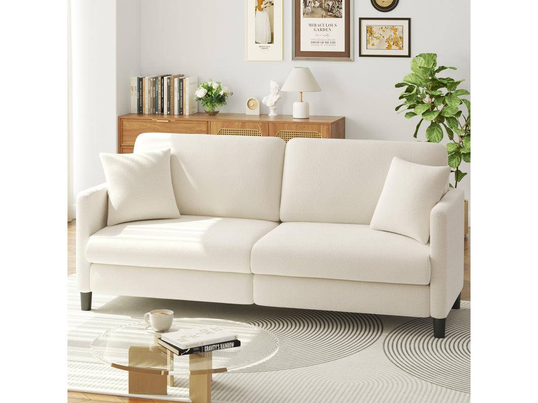 Sofá de 3 lugares em Teddy Velvet, sofá de conforto à direita em madeira maciça, sofá com apoios de braços, 193x79x89cm, bege, bege
