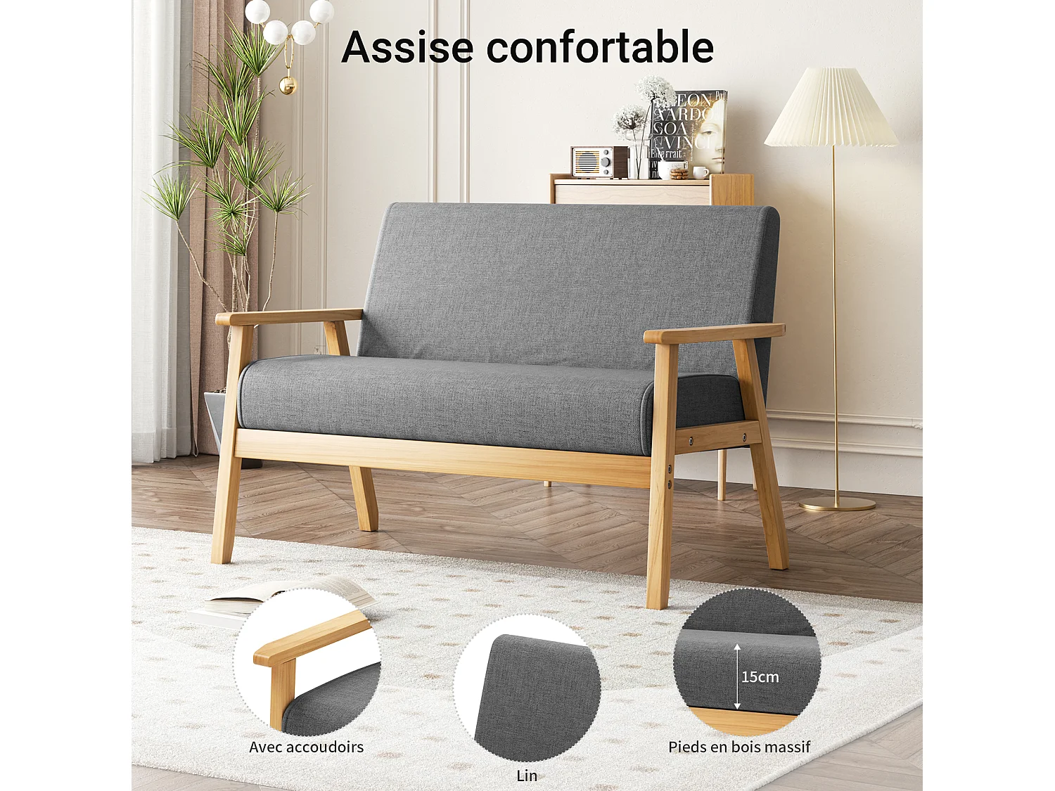 Canapé 2 Places salon moderne, en Tissu Lin, cadre en bois, Gris,107x60x76cm