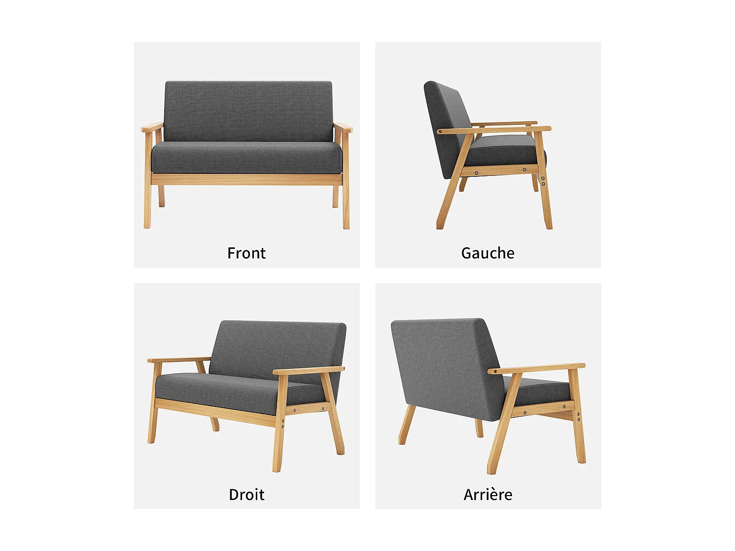 Canapé 2 Places salon moderne, en Tissu Lin, cadre en bois, Gris,107x60x76cm