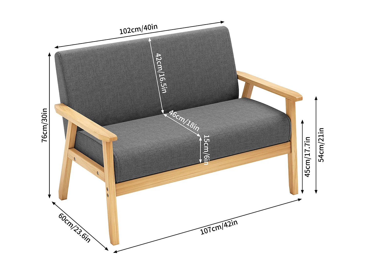 Canapé 2 Places salon moderne, en Tissu Lin, cadre en bois, Gris,107x60x76cm