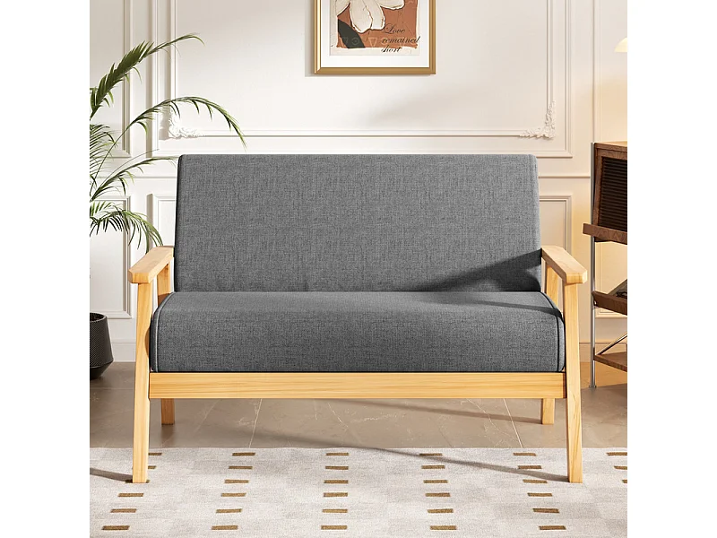 Sofá de 2 -Sofá moderno da sala de estar, em tecido de linho, moldura de madeira, cinza, 107x60x76cm
