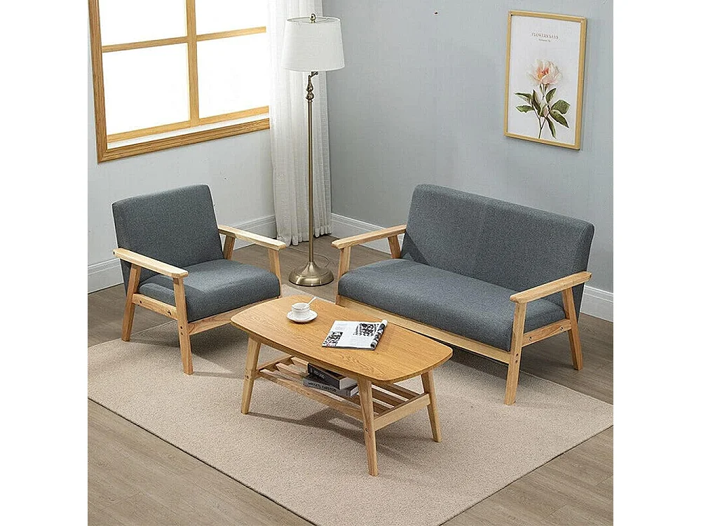 Sofá de 2 -Sofá moderno da sala de estar, em tecido de linho, moldura de madeira, cinza, 107x60x76cm