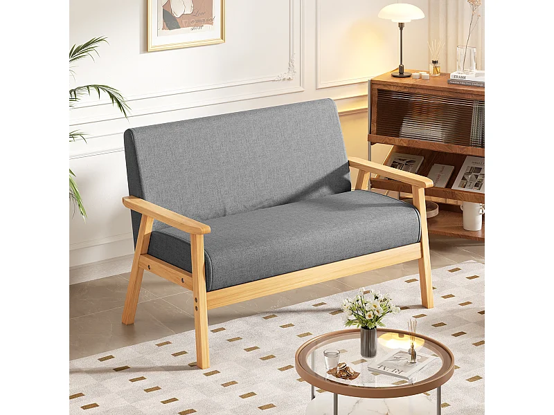 Scandinavische 2-zitsbank, moderne woonkamerfauteuil, grijze linnen stof, houten frame, 107 x 60 x 76 cm, voor klein appartement slaapkamer kantoor