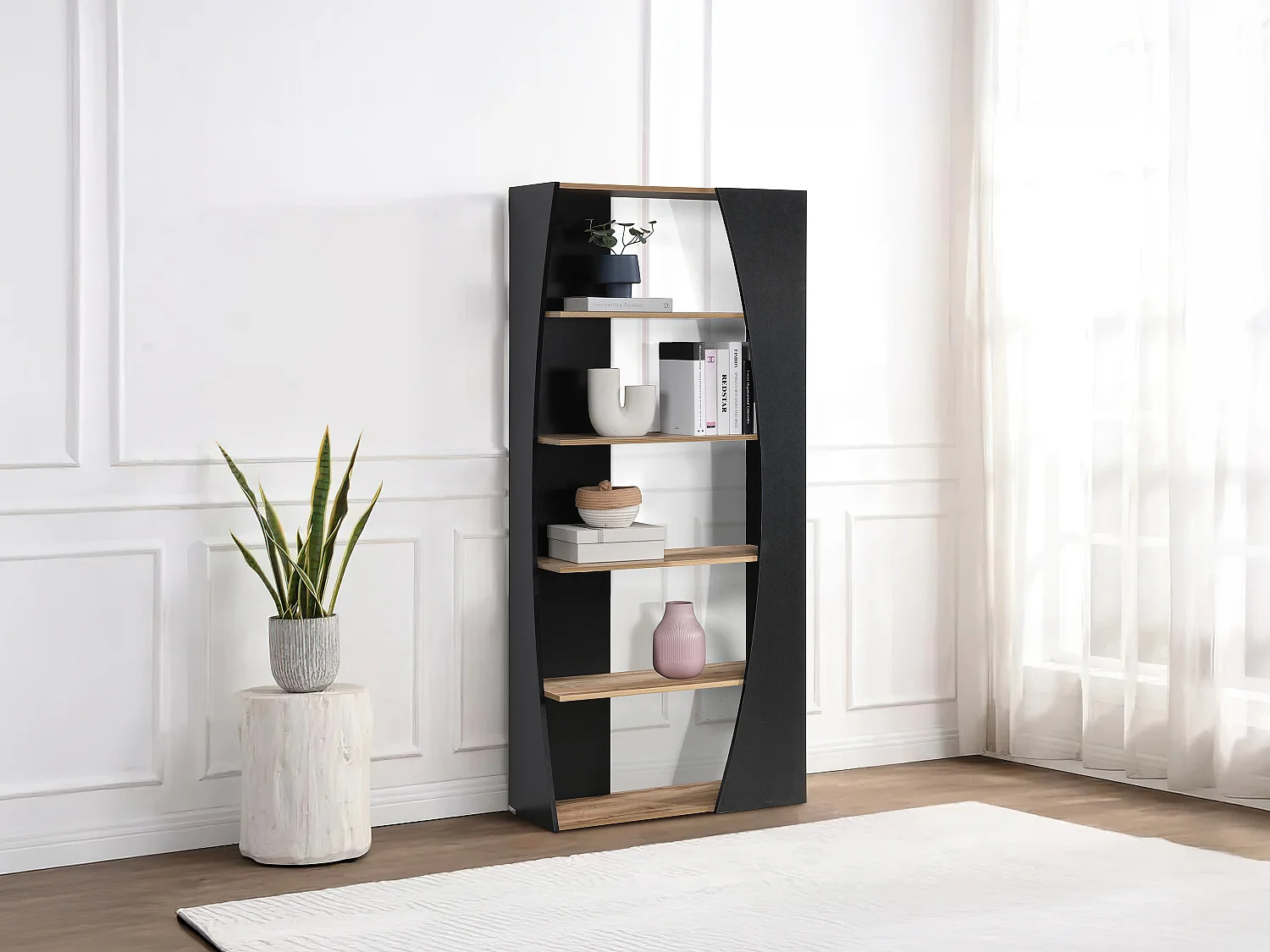 Bibliothèque avec 5 étagères - Noir et Naturel - JILORA