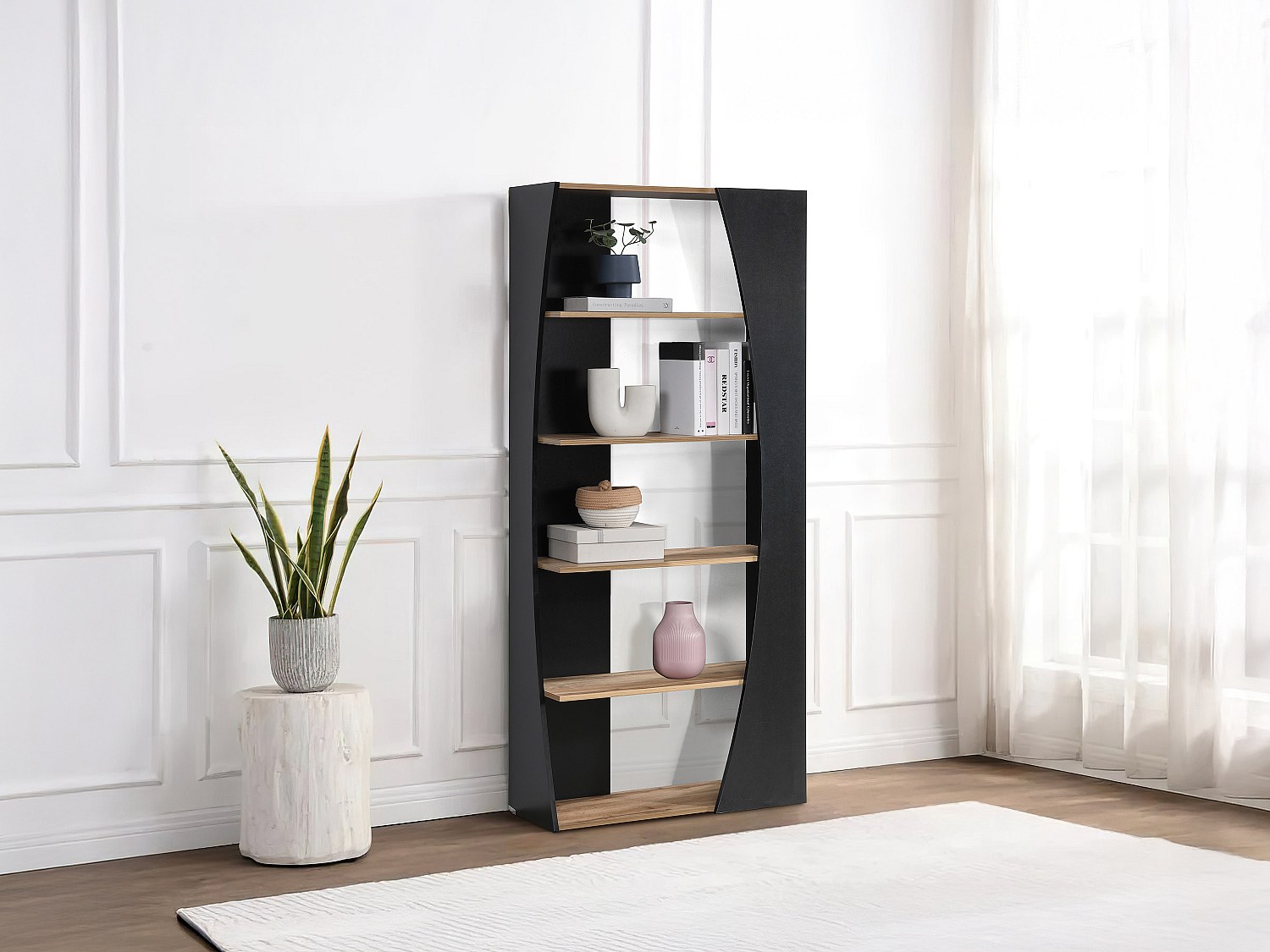 Wohnwand mit 5 Regalböden - Schwarz & Holzfarben- JILORA günstig online kaufen