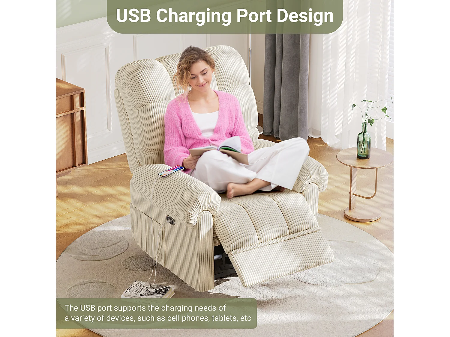 Relaxfauteuil Elektrische corduroy fauteuil, verstelbare vrijetijdsfauteuil met USB, verstelbare rugleuning, antistatisch met voetsteun - 96x97x104cm beige