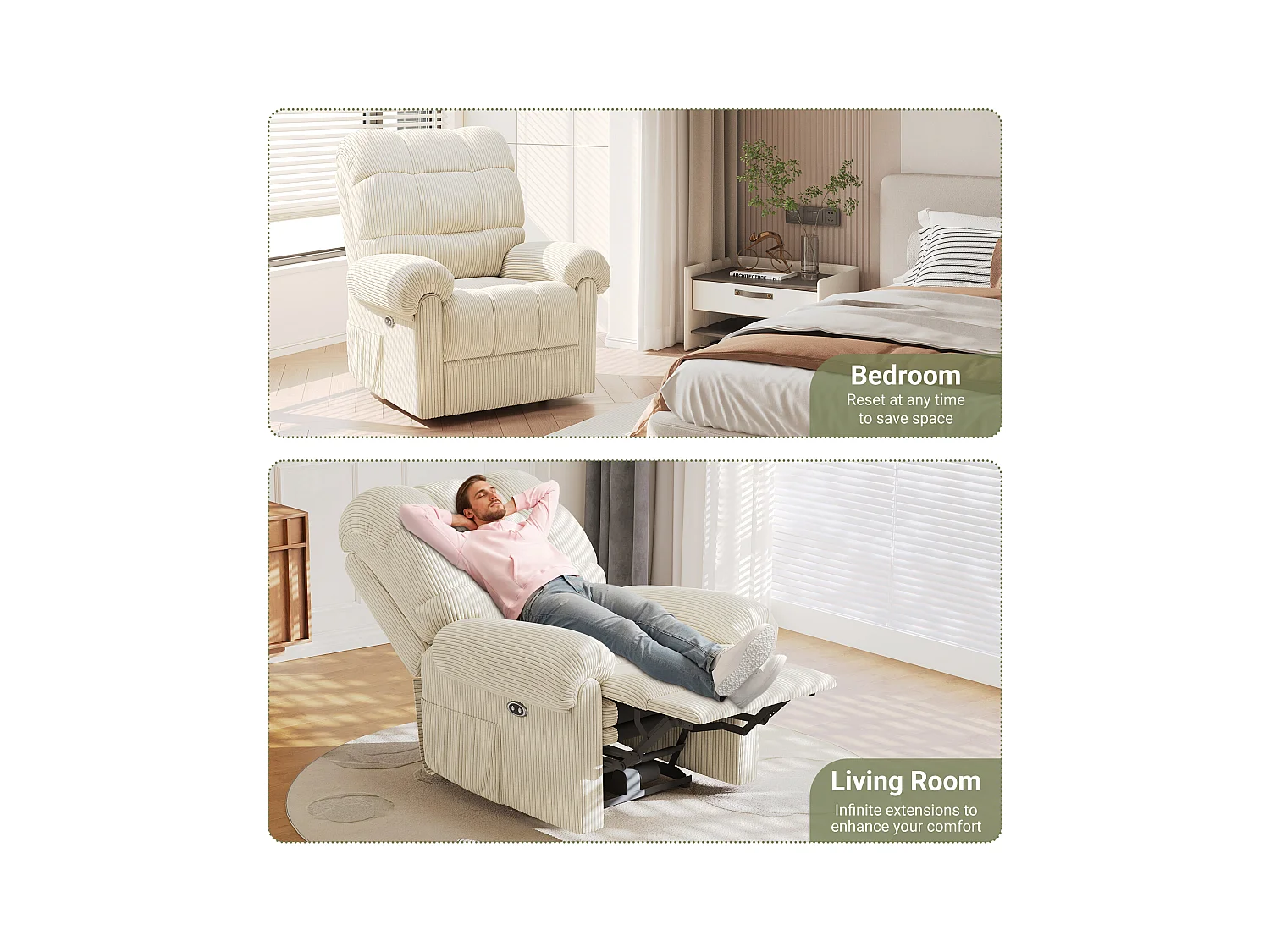 Relaxfauteuil Elektrische corduroy fauteuil, verstelbare vrijetijdsfauteuil met USB, verstelbare rugleuning, antistatisch met voetsteun - 96x97x104cm beige