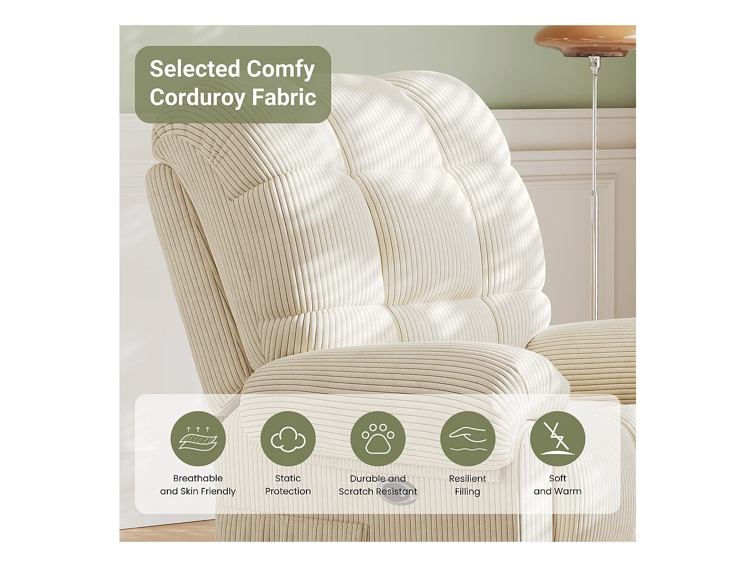 Relaxfauteuil Elektrische corduroy fauteuil, verstelbare vrijetijdsfauteuil met USB, verstelbare rugleuning, antistatisch met voetsteun - 96x97x104cm beige