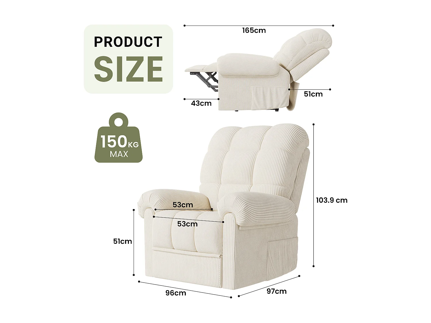 Relaxfauteuil Elektrische corduroy fauteuil, verstelbare vrijetijdsfauteuil met USB, verstelbare rugleuning, antistatisch met voetsteun - 96x97x104cm beige