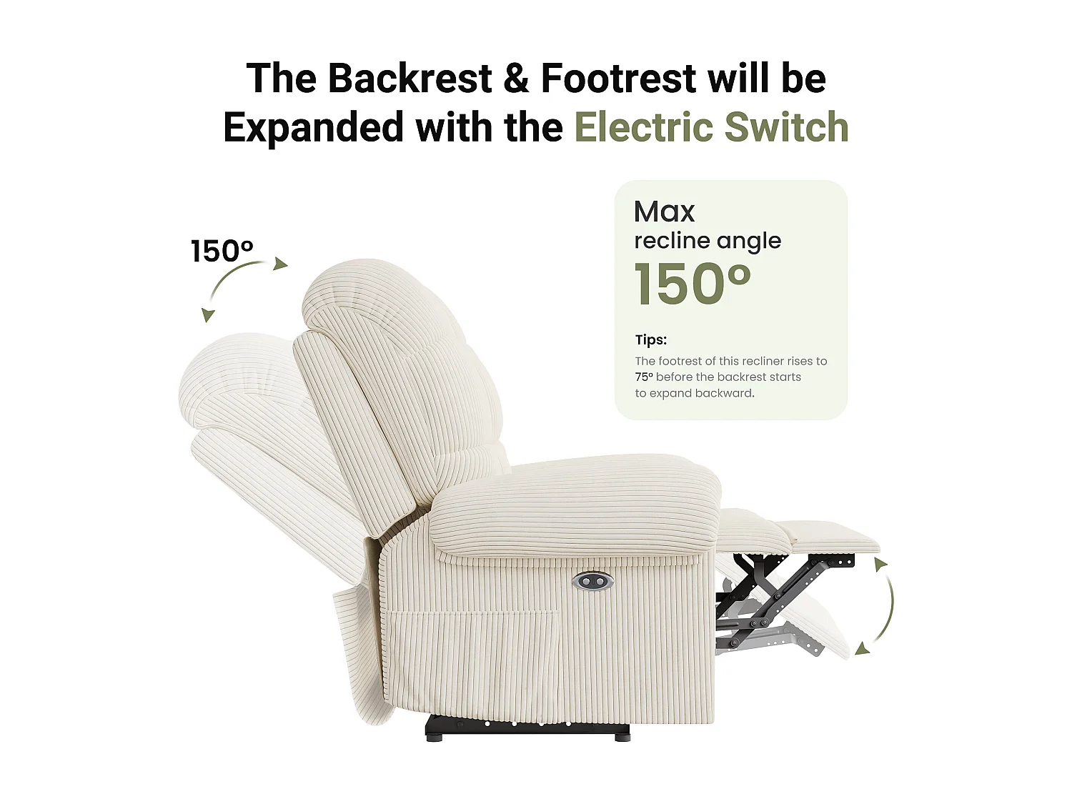 Fauteuil Relax Fauteuil électrique en Velours Côtelé,Fauteuil à loisirs Réglable avec USB,Dossier Réglable,Anti-statique avec Repose Pieds - 96x97x104cm Beige