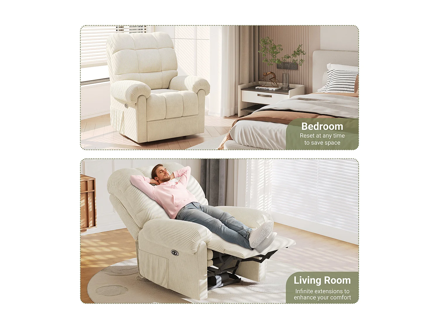 Fauteuil Relax Fauteuil électrique en Velours Côtelé,Fauteuil à loisirs Réglable avec USB,Dossier Réglable,Anti-statique avec Repose Pieds - 96x97x104cm Beige