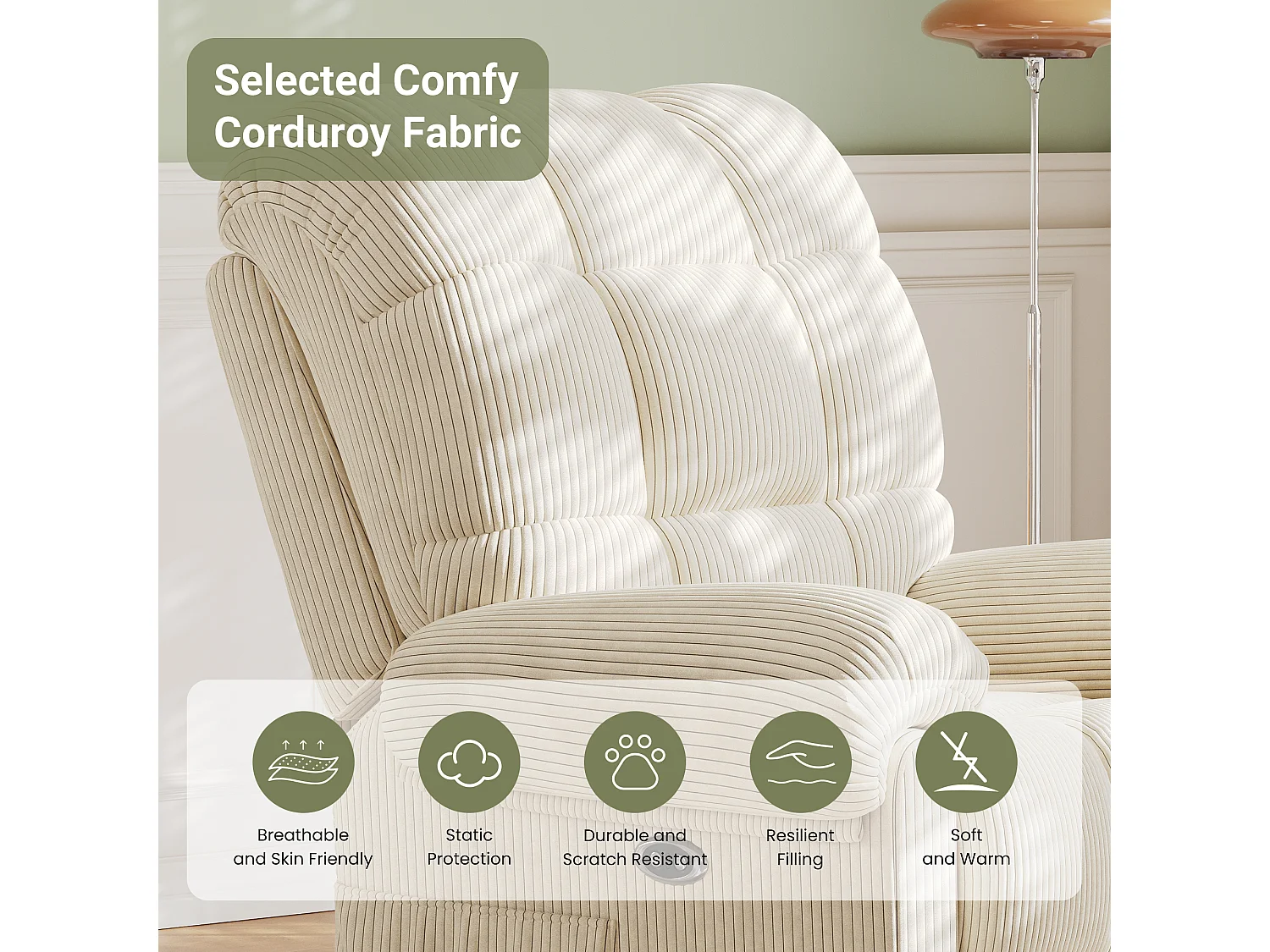 Fauteuil Relax Fauteuil électrique en Velours Côtelé,Fauteuil à loisirs Réglable avec USB,Dossier Réglable,Anti-statique avec Repose Pieds - 96x97x104cm Beige