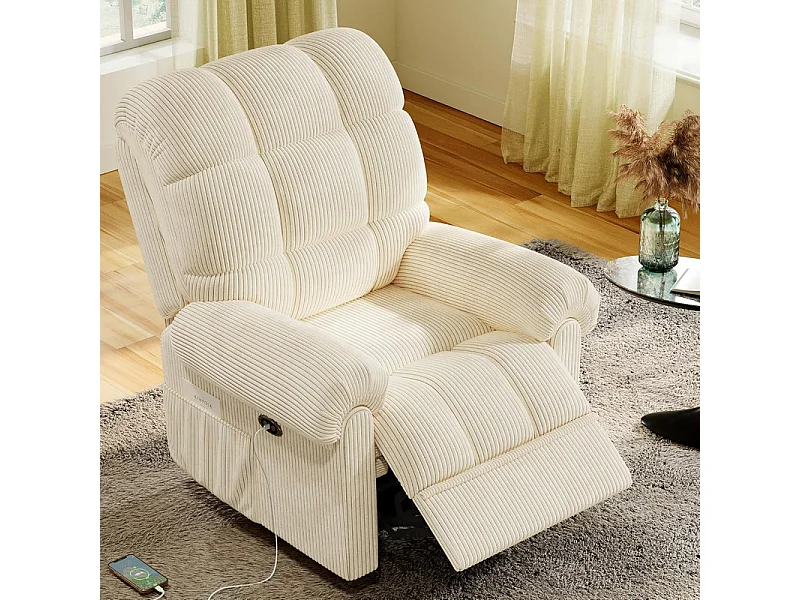 Relaxfauteuil Elektrische corduroy fauteuil, verstelbare vrijetijdsfauteuil met USB, verstelbare rugleuning, antistatisch met voetsteun - 96x97x104cm beige