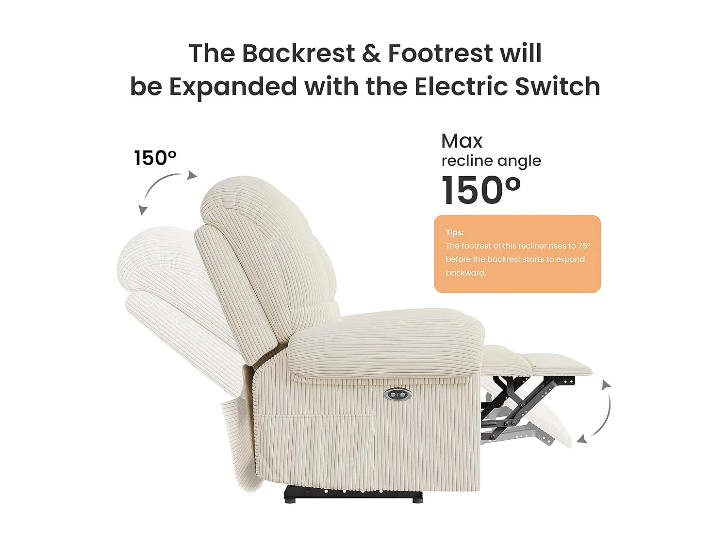 Relaxfauteuil Elektrische corduroy fauteuil, verstelbare vrijetijdsfauteuil met USB, verstelbare rugleuning, antistatisch met voetsteun - 96x97x104cm beige