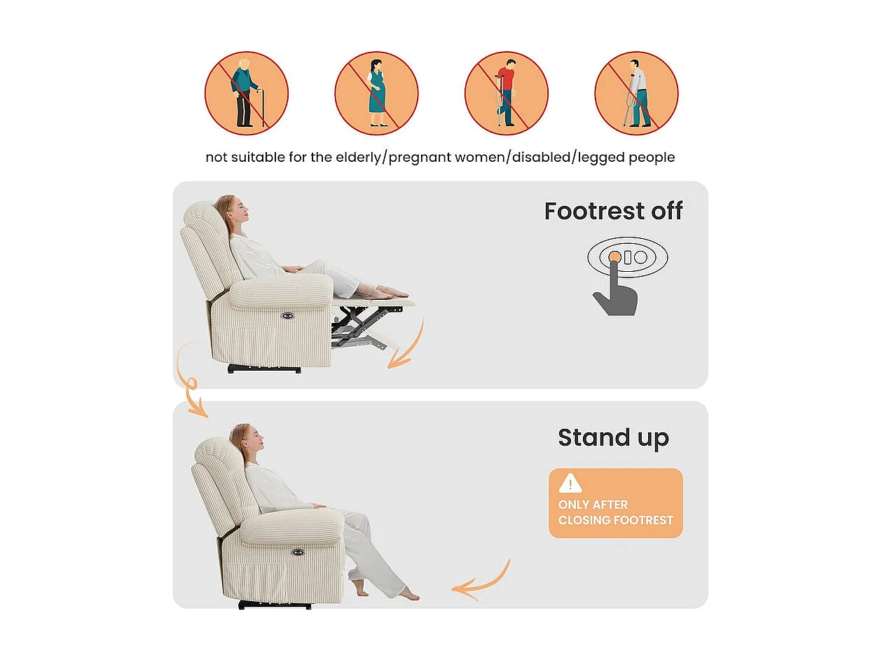 Relaxfauteuil Elektrische corduroy fauteuil, verstelbare vrijetijdsfauteuil met USB, verstelbare rugleuning, antistatisch met voetsteun - 96x97x104cm beige