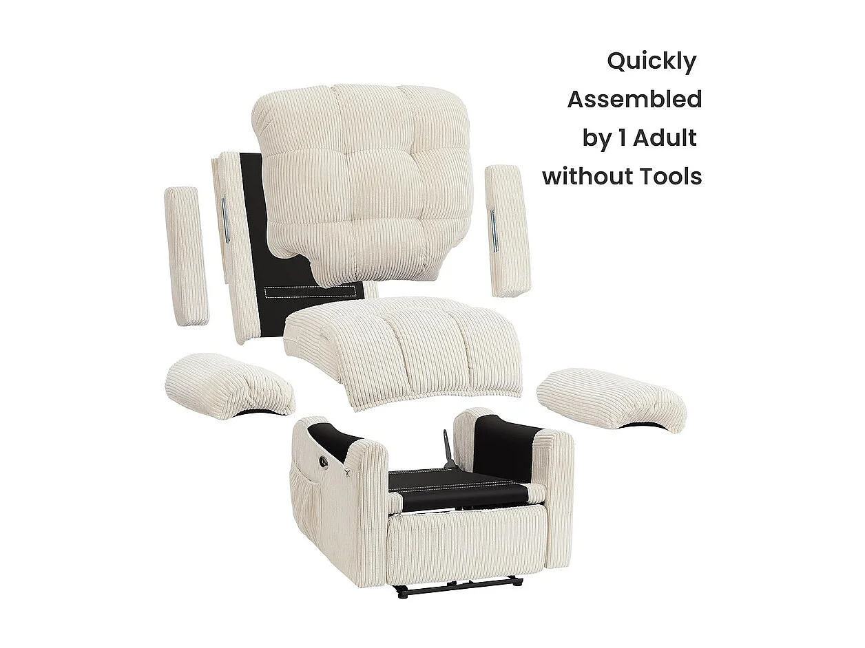 Relaxfauteuil Elektrische corduroy fauteuil, verstelbare vrijetijdsfauteuil met USB, verstelbare rugleuning, antistatisch met voetsteun - 96x97x104cm beige