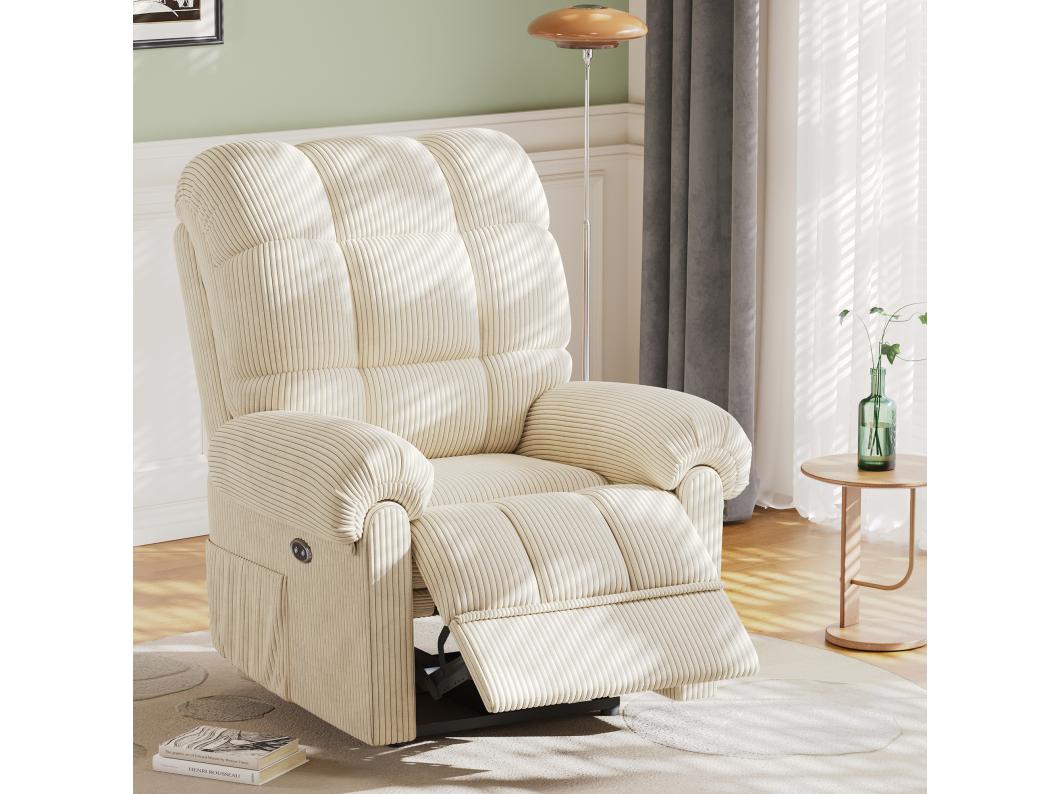 Relaxfauteuil Elektrische corduroy fauteuil, verstelbare vrijetijdsfauteuil met USB, verstelbare rugleuning, antistatisch met voetsteun - 96x97x104cm beige
