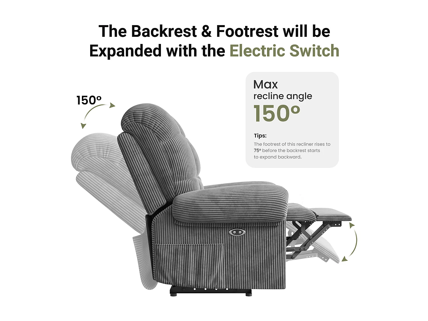 Relax fauteuil Elektrische corduroy fauteuil, verstelbare vrijetijdsfauteuil met USB, verstelbare rugleuning, antistatisch met voetsteun - 96x97x104cm grijs