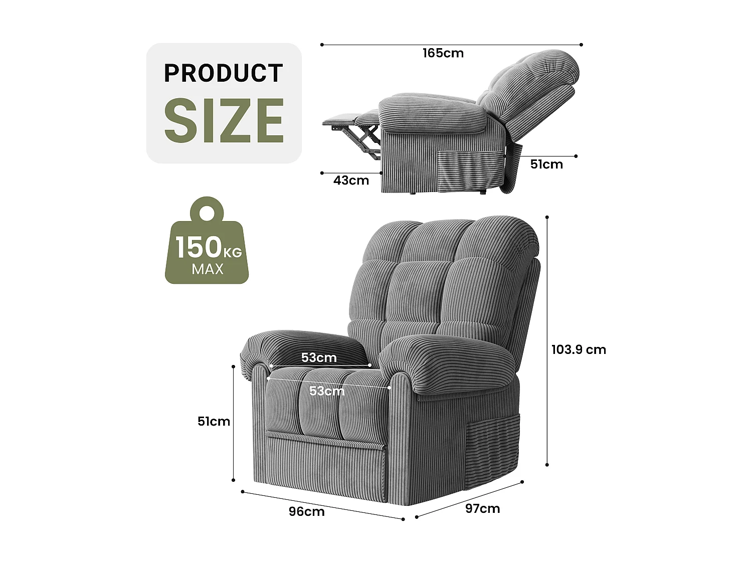 Relax fauteuil Elektrische corduroy fauteuil, verstelbare vrijetijdsfauteuil met USB, verstelbare rugleuning, antistatisch met voetsteun - 96x97x104cm grijs