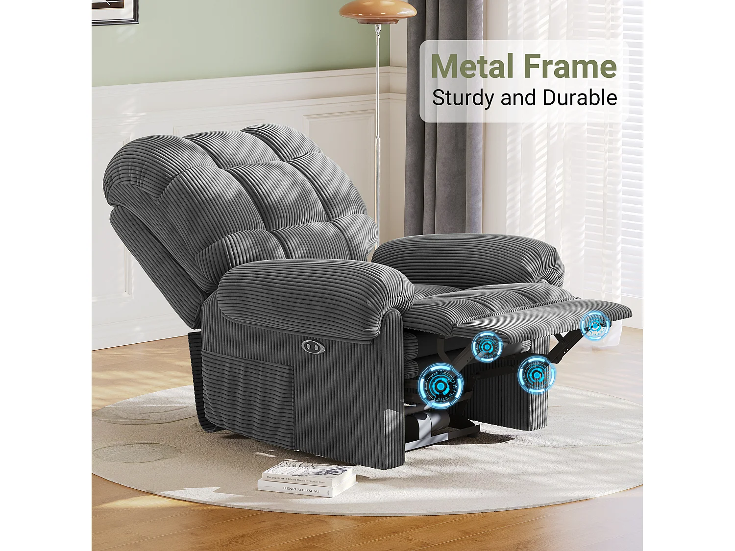 Relax fauteuil Elektrische corduroy fauteuil, verstelbare vrijetijdsfauteuil met USB, verstelbare rugleuning, antistatisch met voetsteun - 96x97x104cm grijs