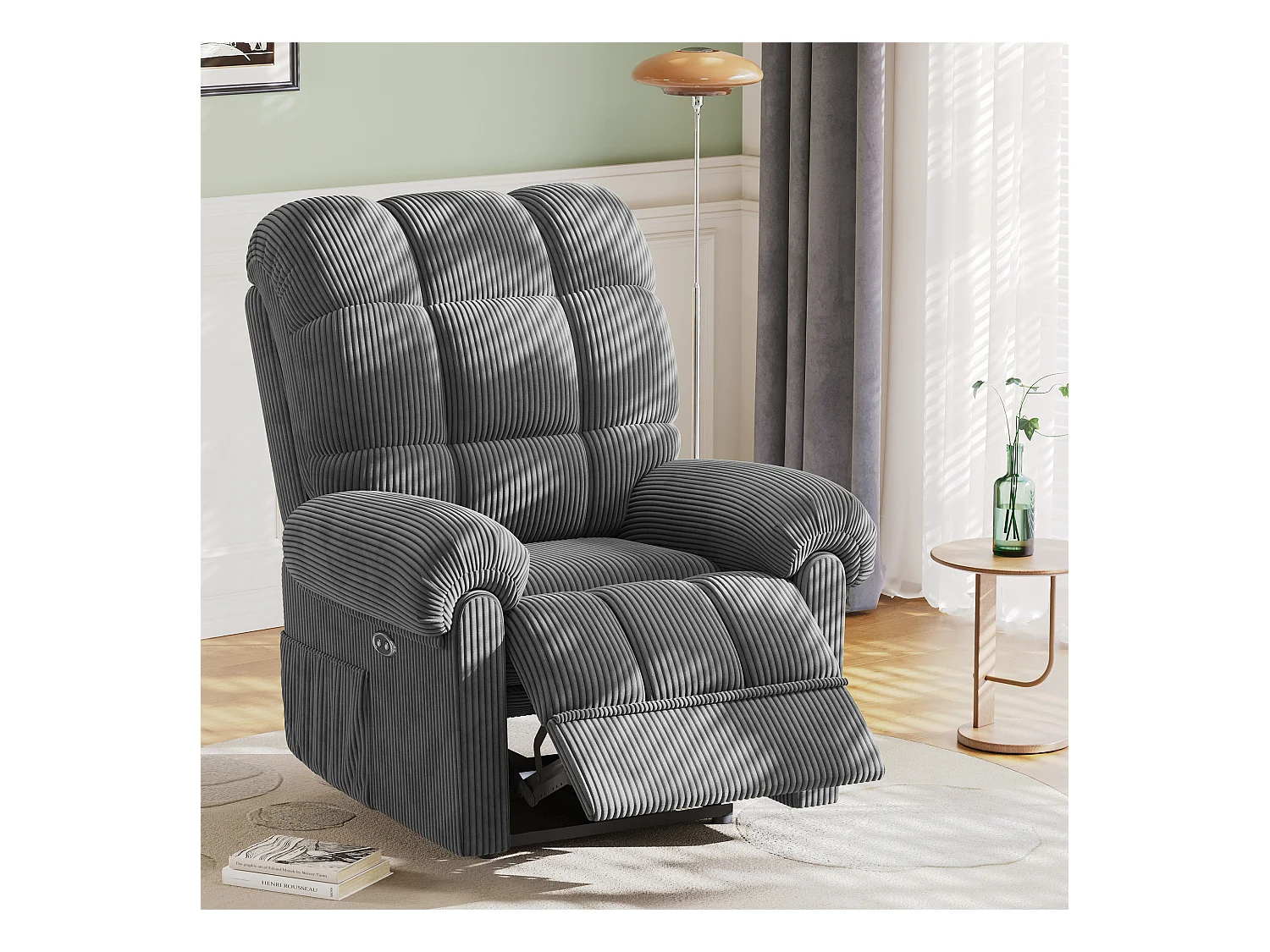 Fauteuil Relax Fauteuil électrique en Velours Côtelé,Fauteuil à loisirs Réglable avec USB,Dossier Réglable,Anti-statique avec Repose Pieds - 96x97x104cm Gris