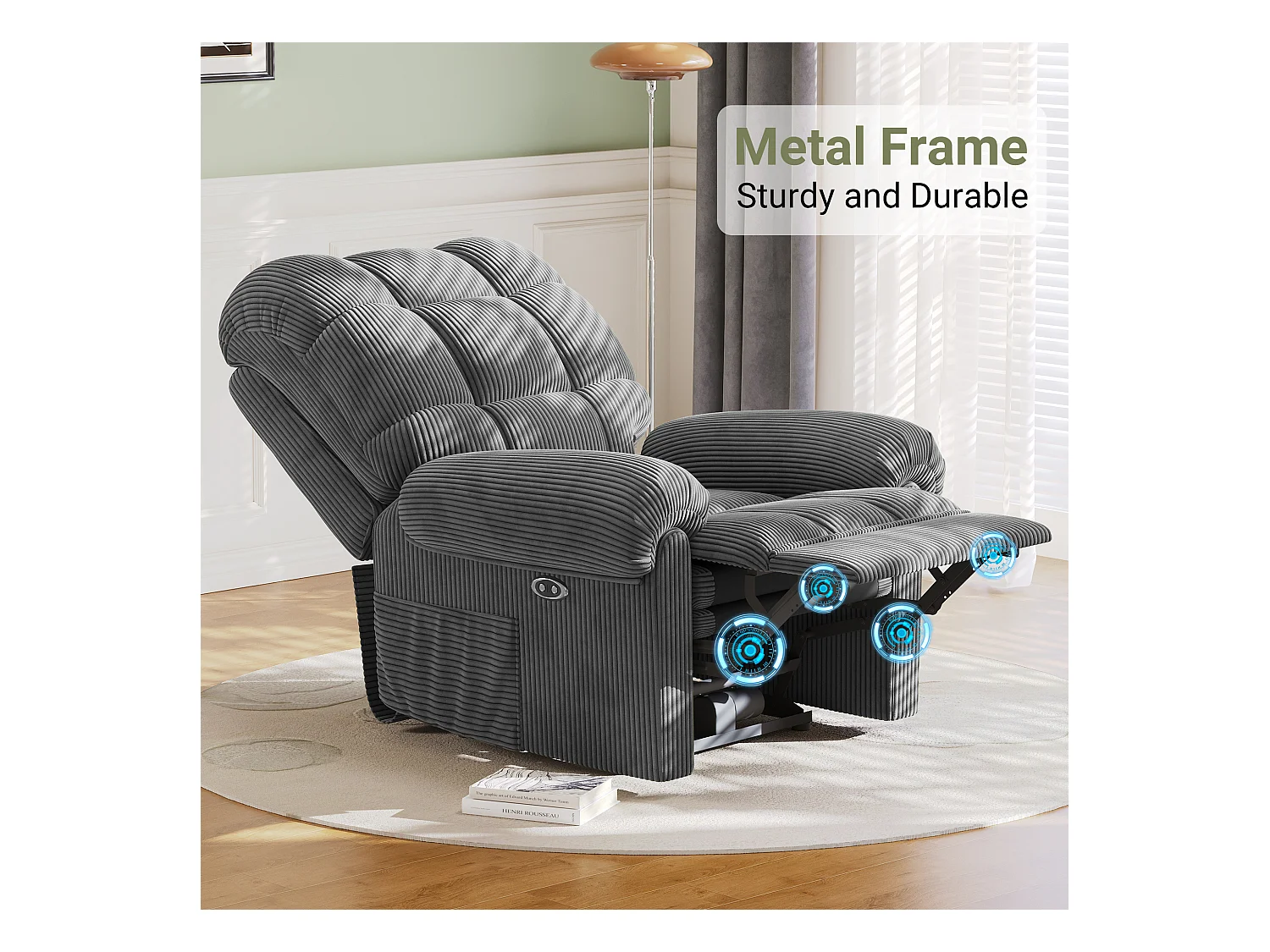 Relax fauteuil Elektrische corduroy fauteuil, verstelbare vrijetijdsfauteuil met USB, verstelbare rugleuning, antistatisch met voetsteun - 96x97x104cm grijs