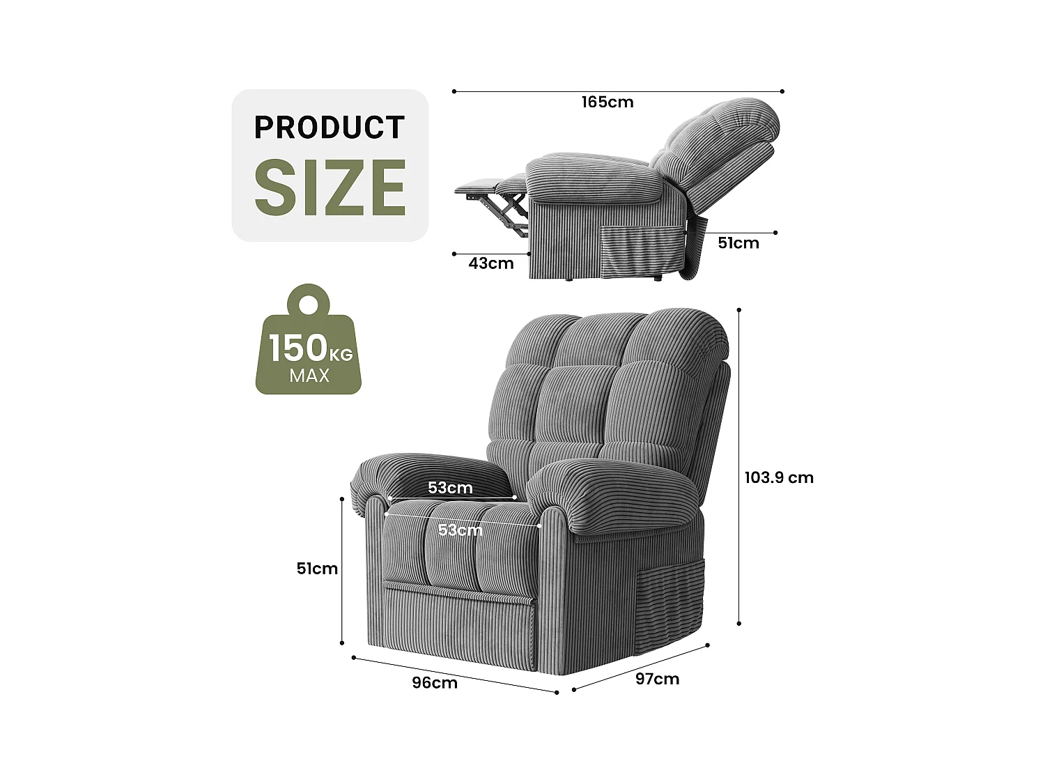 Fauteuil Relax Fauteuil électrique en Velours Côtelé,Fauteuil à loisirs Réglable avec USB,Dossier Réglable,Anti-statique avec Repose Pieds - 96x97x104cm Gris