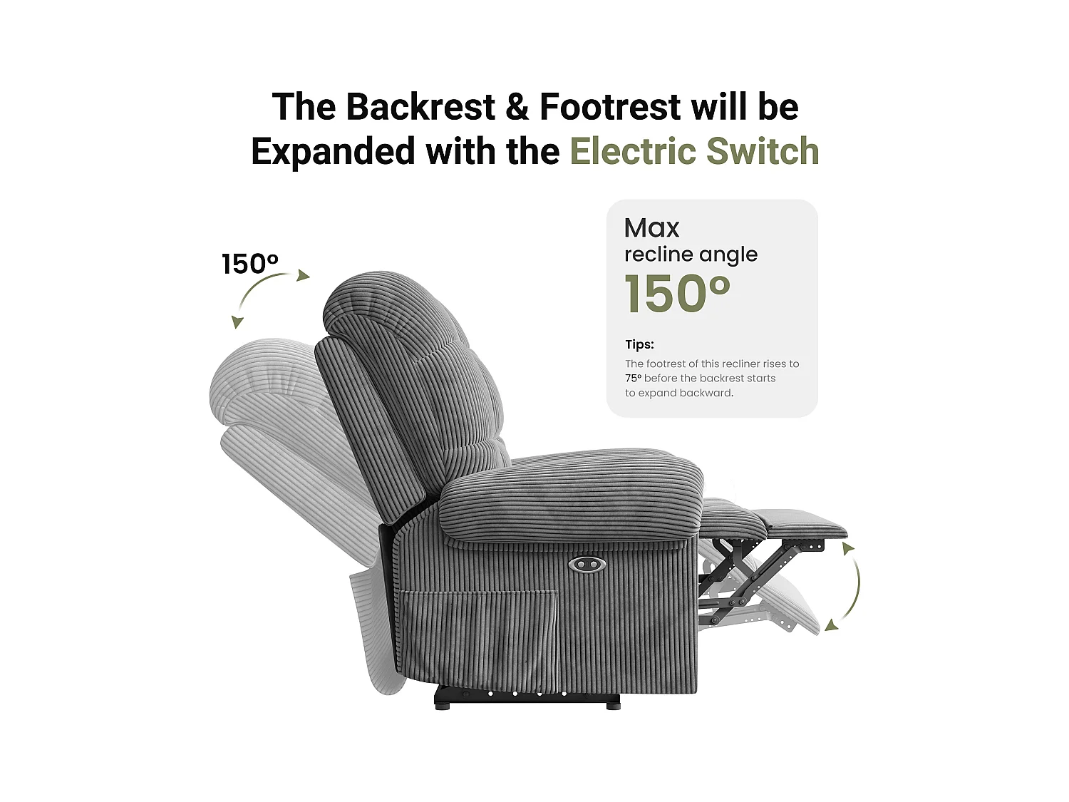 Relax fauteuil Elektrische corduroy fauteuil, verstelbare vrijetijdsfauteuil met USB, verstelbare rugleuning, antistatisch met voetsteun - 96x97x104cm grijs