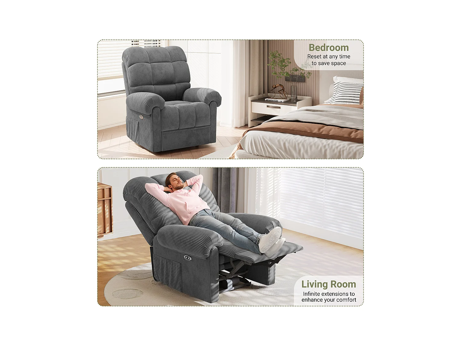 Relax fauteuil Elektrische corduroy fauteuil, verstelbare vrijetijdsfauteuil met USB, verstelbare rugleuning, antistatisch met voetsteun - 96x97x104cm grijs