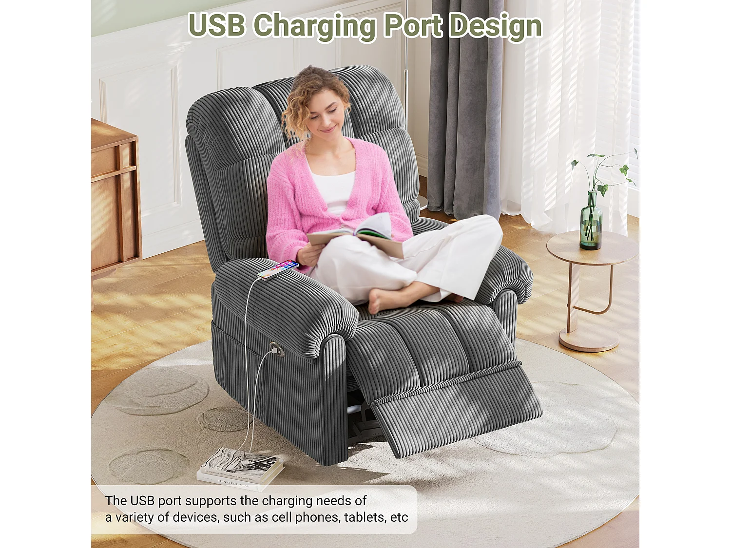 Fauteuil Relax Fauteuil électrique en Velours Côtelé,Fauteuil à loisirs Réglable avec USB,Dossier Réglable,Anti-statique avec Repose Pieds - 96x97x104cm Gris