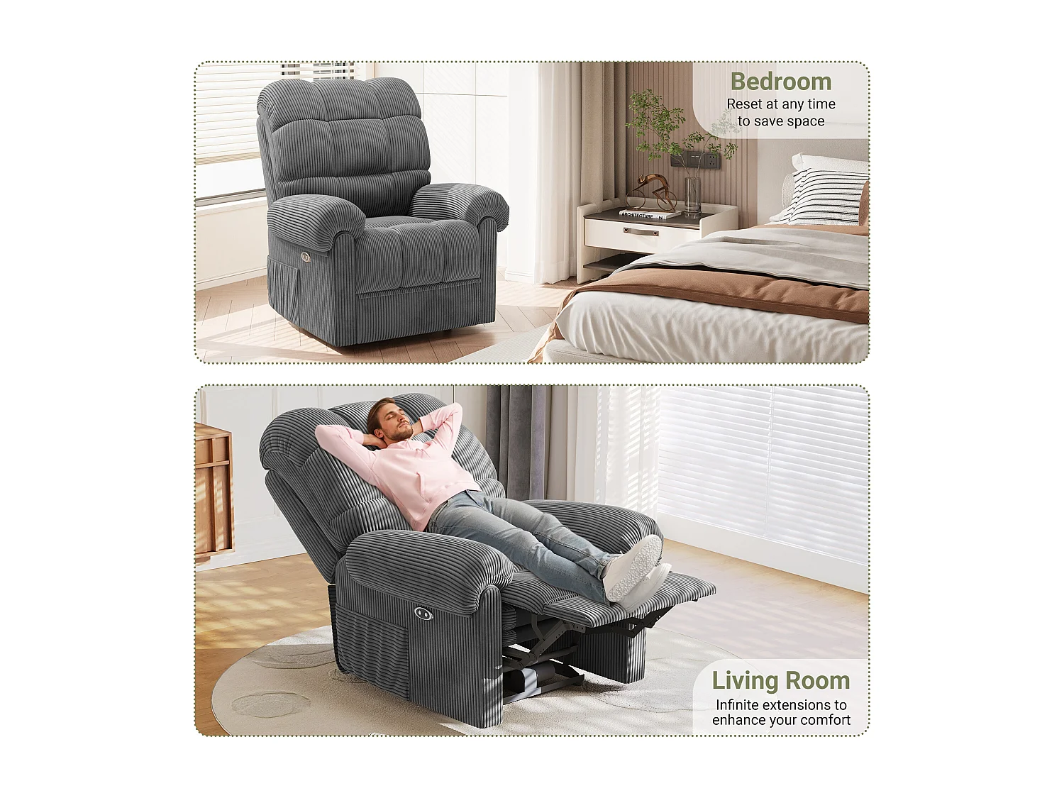 Fauteuil Relax Fauteuil électrique en Velours Côtelé,Fauteuil à loisirs Réglable avec USB,Dossier Réglable,Anti-statique avec Repose Pieds - 96x97x104cm Gris