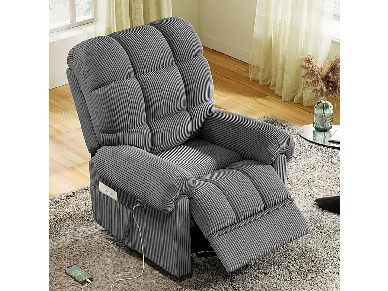 Relax fauteuil Elektrische corduroy fauteuil, verstelbare vrijetijdsfauteuil met USB, verstelbare rugleuning, antistatisch met voetsteun - 96x97x104cm grijs