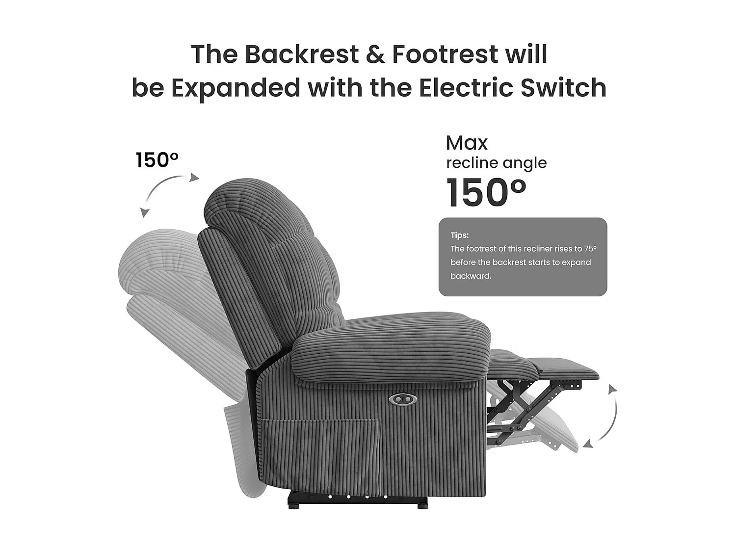 Relax fauteuil Elektrische corduroy fauteuil, verstelbare vrijetijdsfauteuil met USB, verstelbare rugleuning, antistatisch met voetsteun - 96x97x104cm grijs