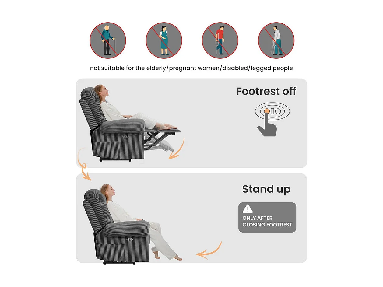 Relax fauteuil Elektrische corduroy fauteuil, verstelbare vrijetijdsfauteuil met USB, verstelbare rugleuning, antistatisch met voetsteun - 96x97x104cm grijs