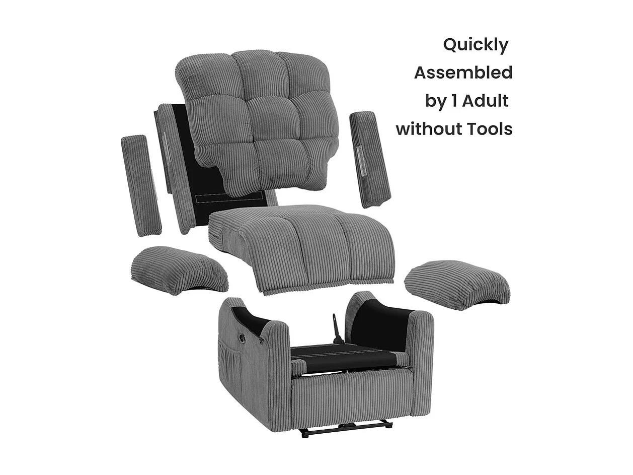 Relax fauteuil Elektrische corduroy fauteuil, verstelbare vrijetijdsfauteuil met USB, verstelbare rugleuning, antistatisch met voetsteun - 96x97x104cm grijs