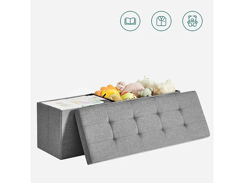 Banc Tabouret Boîte de Rangement Polyester Commode Pliable - 110x38x38cm - Gris Clair