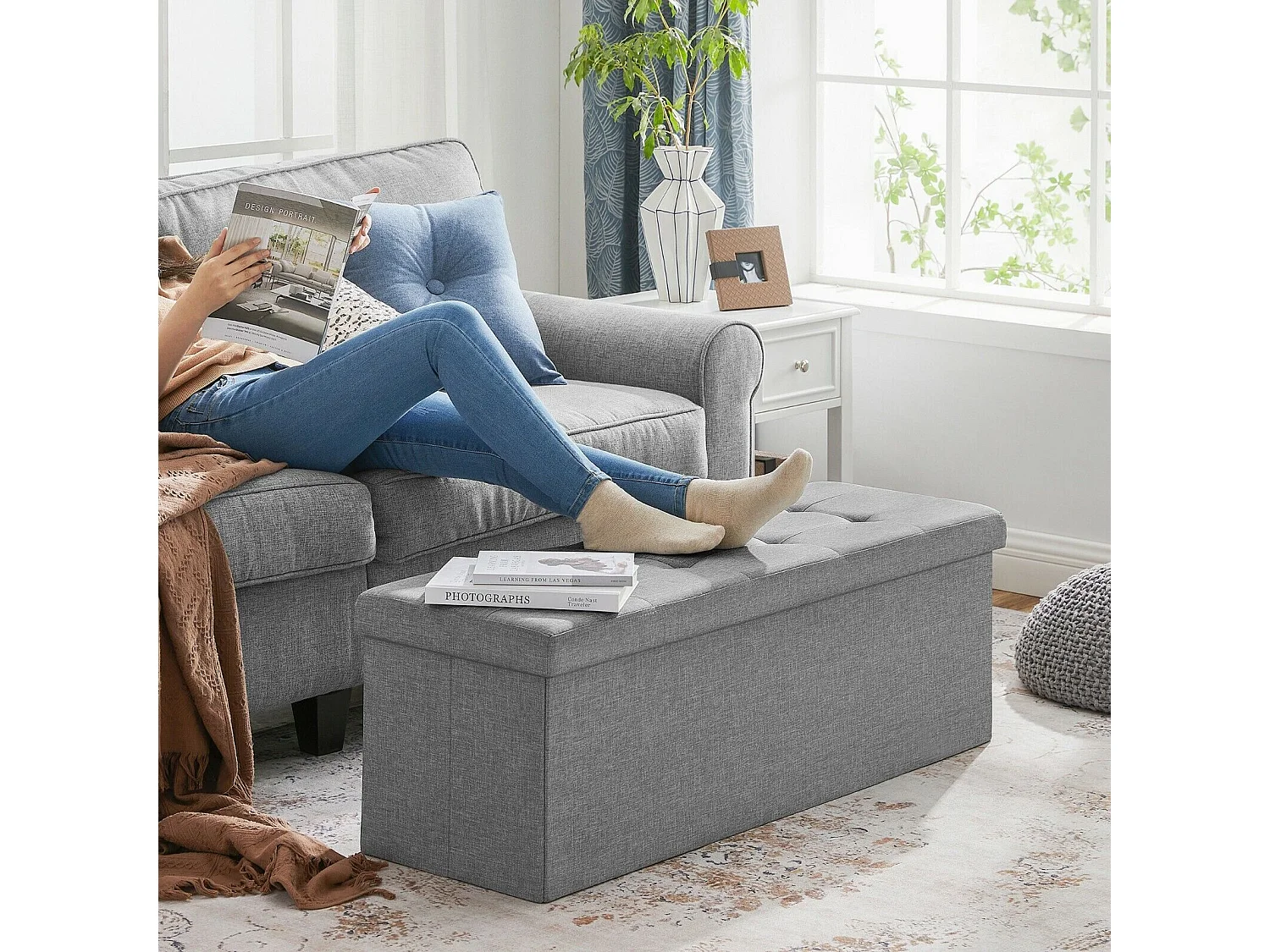 Banc Tabouret Boîte de Rangement Polyester Commode Pliable - 110x38x38cm - Gris Clair