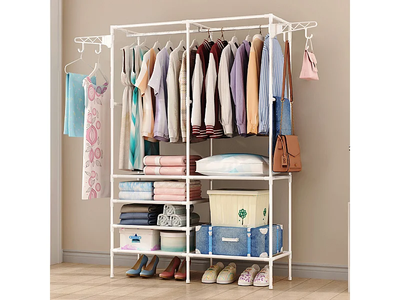 Moderne dubbele stangkapstok met haken, kledingrek, kledingkast, garderobe 108x36x170cm - wit