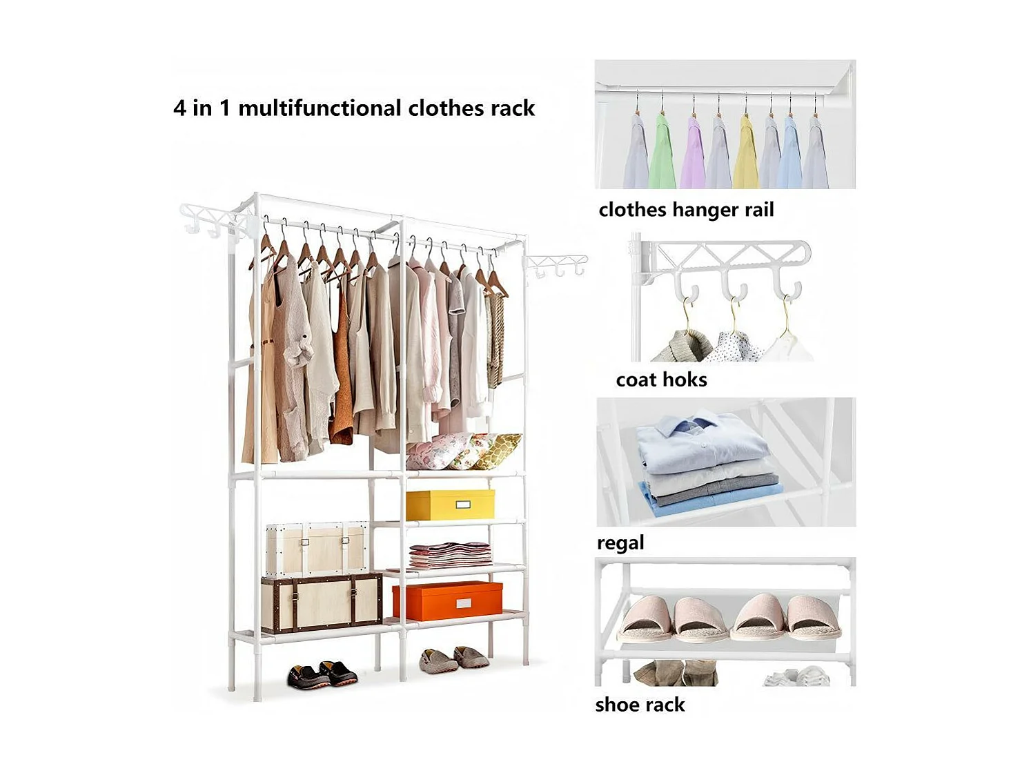 Moderne dubbele stangkapstok met haken, kledingrek, kledingkast, garderobe 108x36x170cm - wit